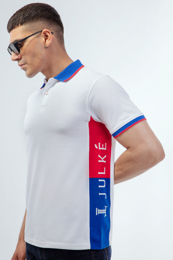 Mens summer polo shirt in white, red & blue with collar bone by JULKE