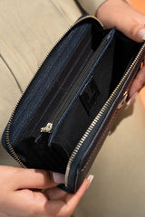 Women's leather long wallet in navy blue colour with zipper closure contrast stitch and metal brand logo by JULKE. 
