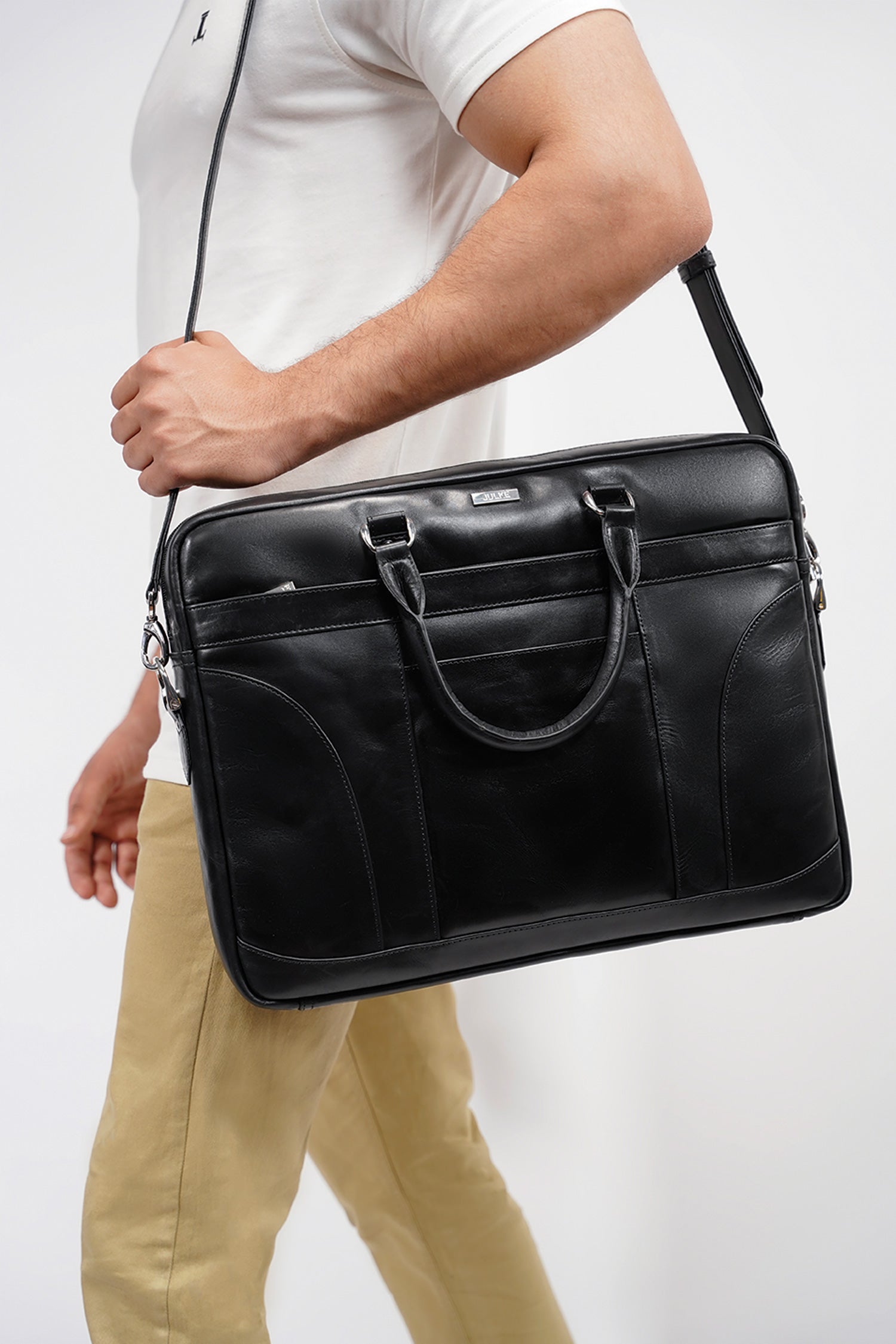 Mens original leather classic laptop bag in black colour with shoulder strap by JULKE