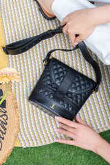 Womens leather shoulder bag small in black colour with quilting and long shoulder strap by JULKE