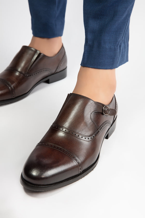 Mens original leather shoes in dark brown colour with monk strap by JULKE