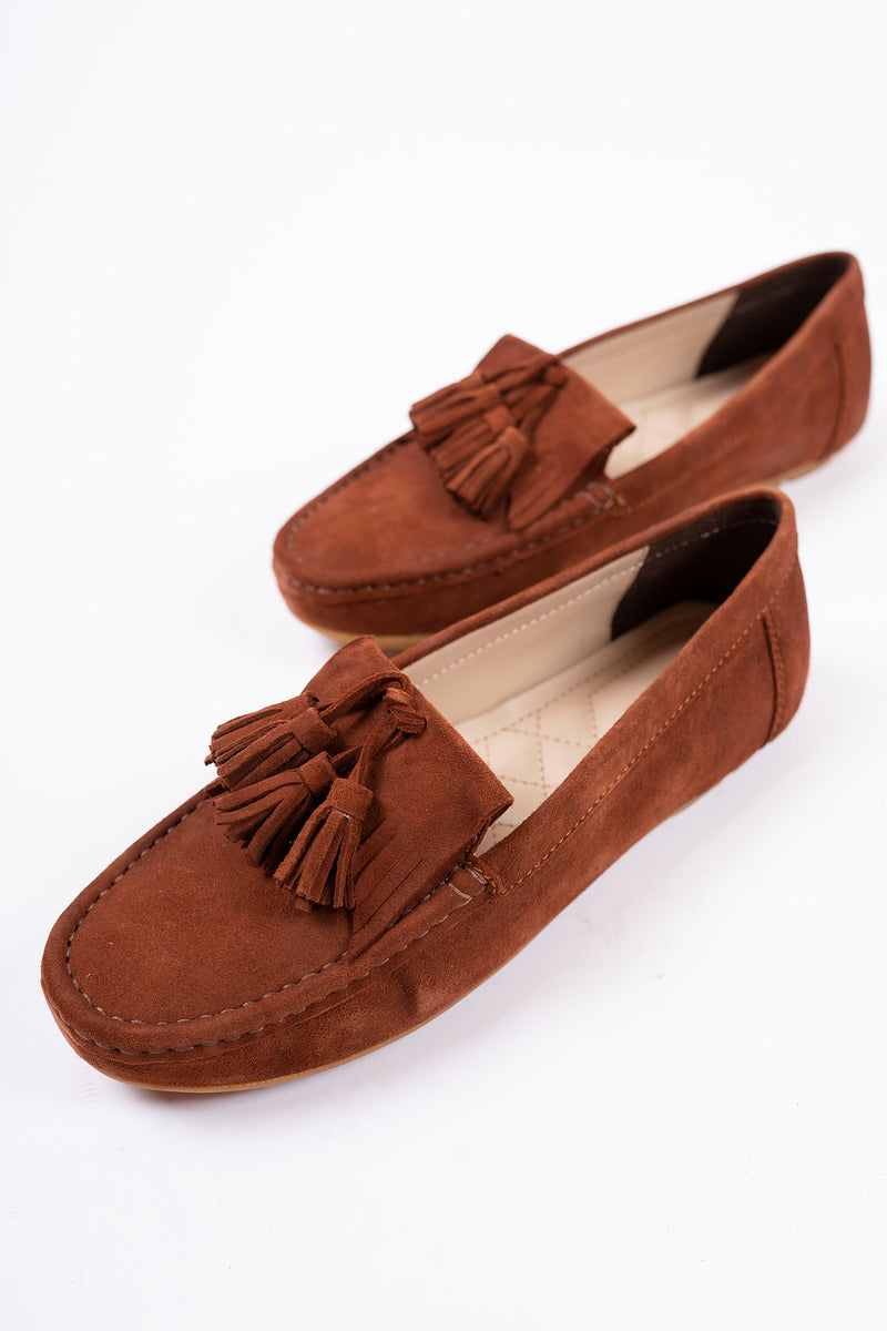 Women leather moccasins in brown colour with tassels by JULKE