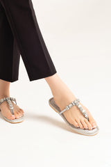 Women summer flats thong in silver colour with diamantes, pearls and glitter velt by JULKE 