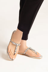 Women summer flats thong in silver colour with diamantes, pearls and glitter velt by JULKE 