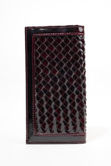 Mens leather long wallet in dark red colour with two tone patent and woven flap by JULKE