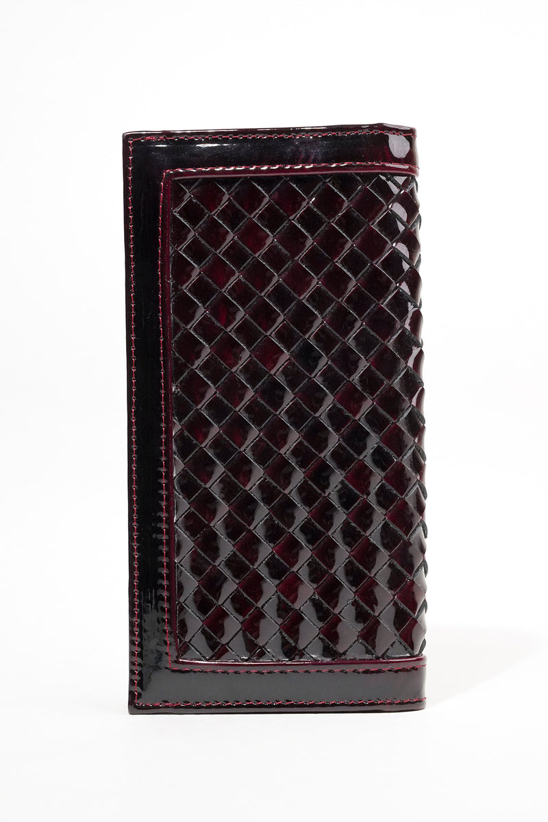 Mens leather long wallet in dark red colour with two tone patent and woven flap by JULKE
