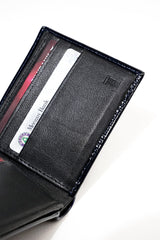 Mens leather wallet in blue colour with two tone patent and woven flap by JULKE