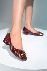 Womens leatherite block heel shoes in dark maroon colour with golden horsebit buckle by JULKE