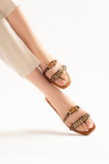 Womens summer leather flats in brown colour with croc texture and gold chain and wood buckle by JULKE
