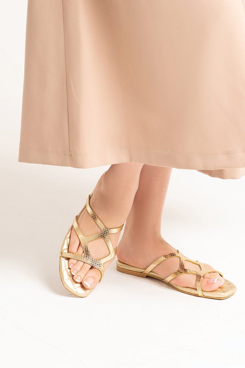 Women summer flats in light gold colour with croc texture and foam padding by JULKE