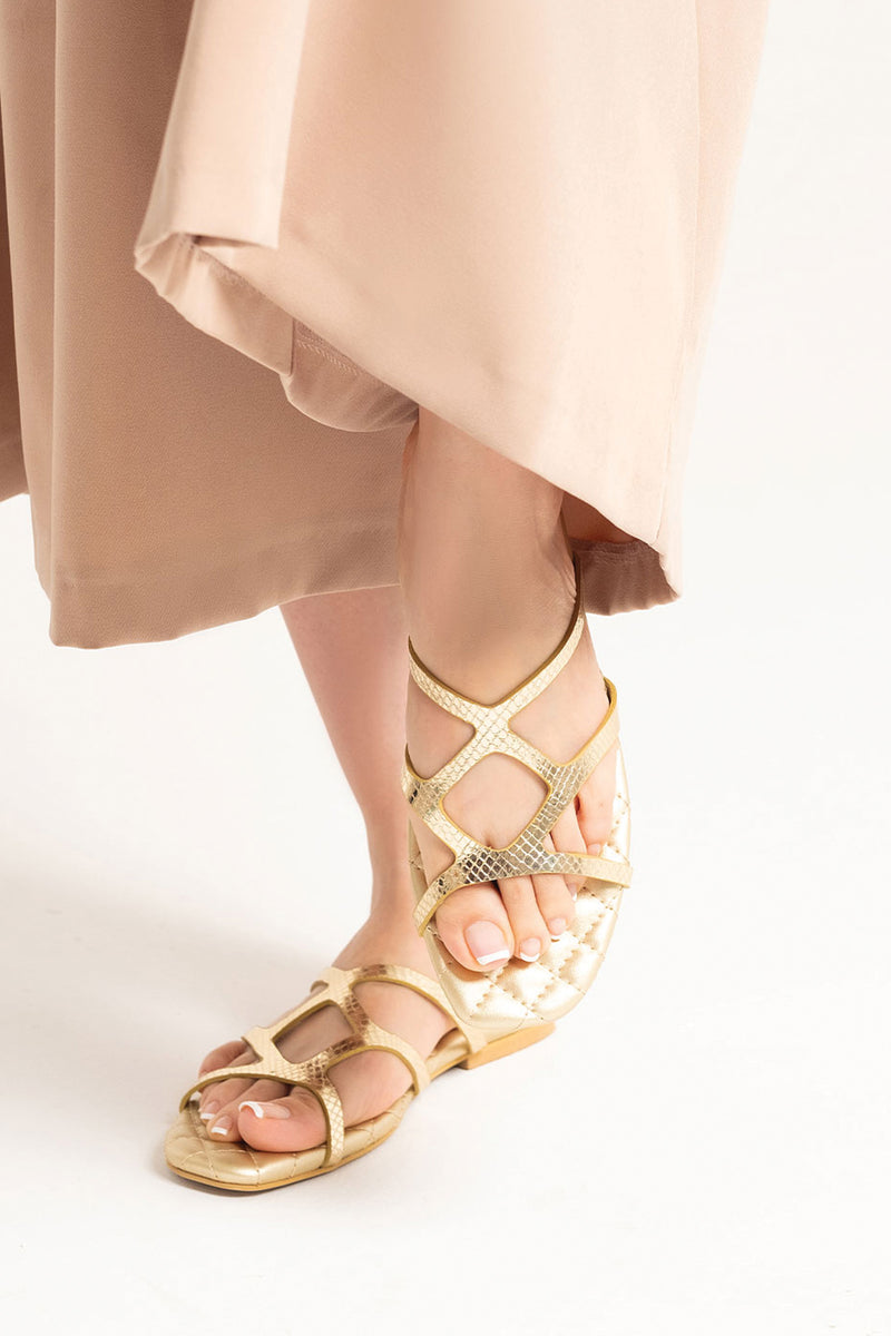 Women summer flats in light gold colour with croc texture and foam padding by JULKE