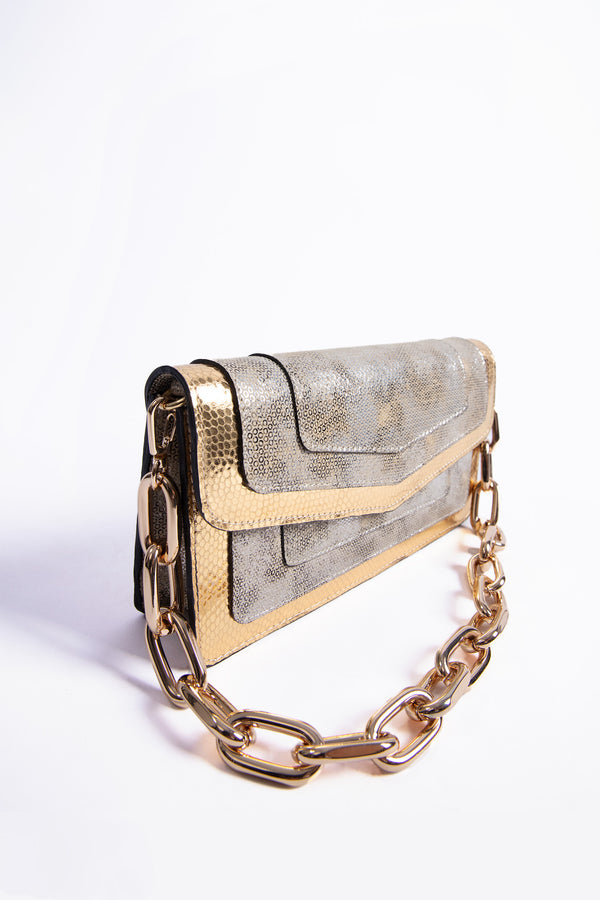 Womens leather shoulder bag and clutch in silver and gold colour with gold chain by JULKE