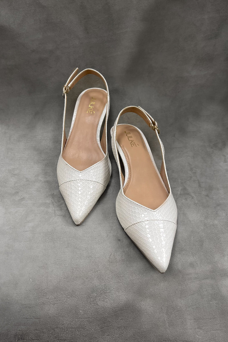 Women's kitten heels in white colour in reptile texture  with sling-back and pointed toe by JULKE