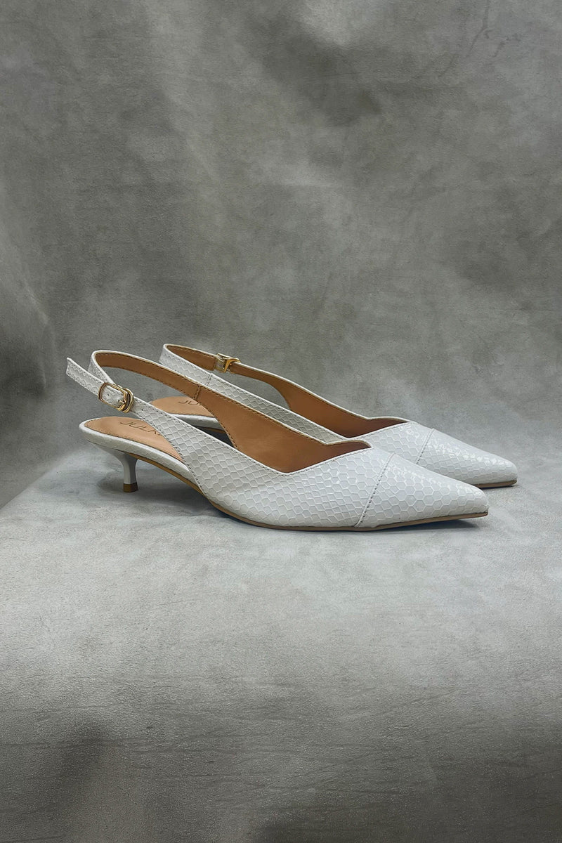 Women's kitten heels in white colour in reptile texture  with sling-back and pointed toe by JULKE