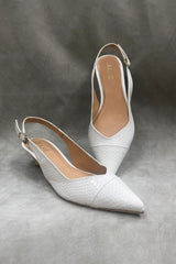 Women's kitten heels in white colour in reptile texture  with sling-back and pointed toe by JULKE