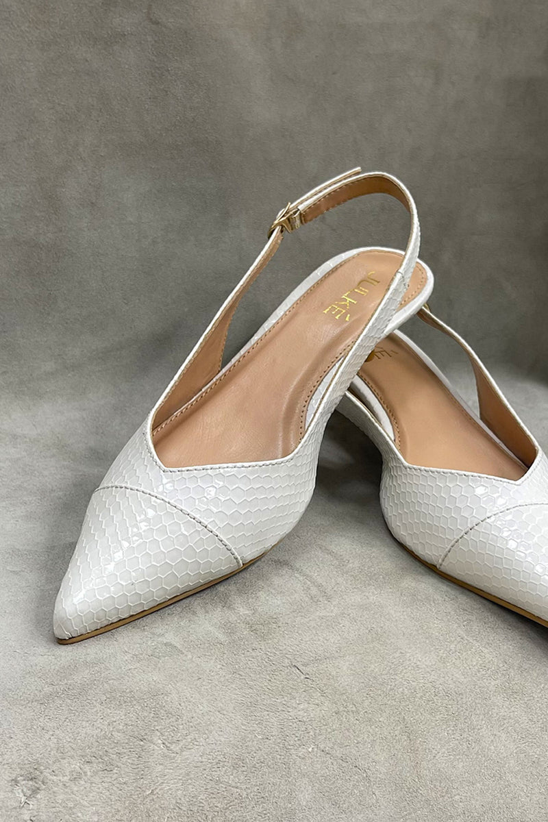 Women's kitten heels in white colour in reptile texture  with sling-back and pointed toe by JULKE