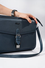 Leather laptop sleeve in navy blue colour with shoulder strap by JULKE