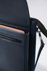 Leather laptop sleeve in navy blue colour with shoulder strap by JULKE