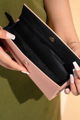 Women's leather long wallet in light pink colour in crosshatch texture with gold metal press button strap and extra pockets by JULKE. 