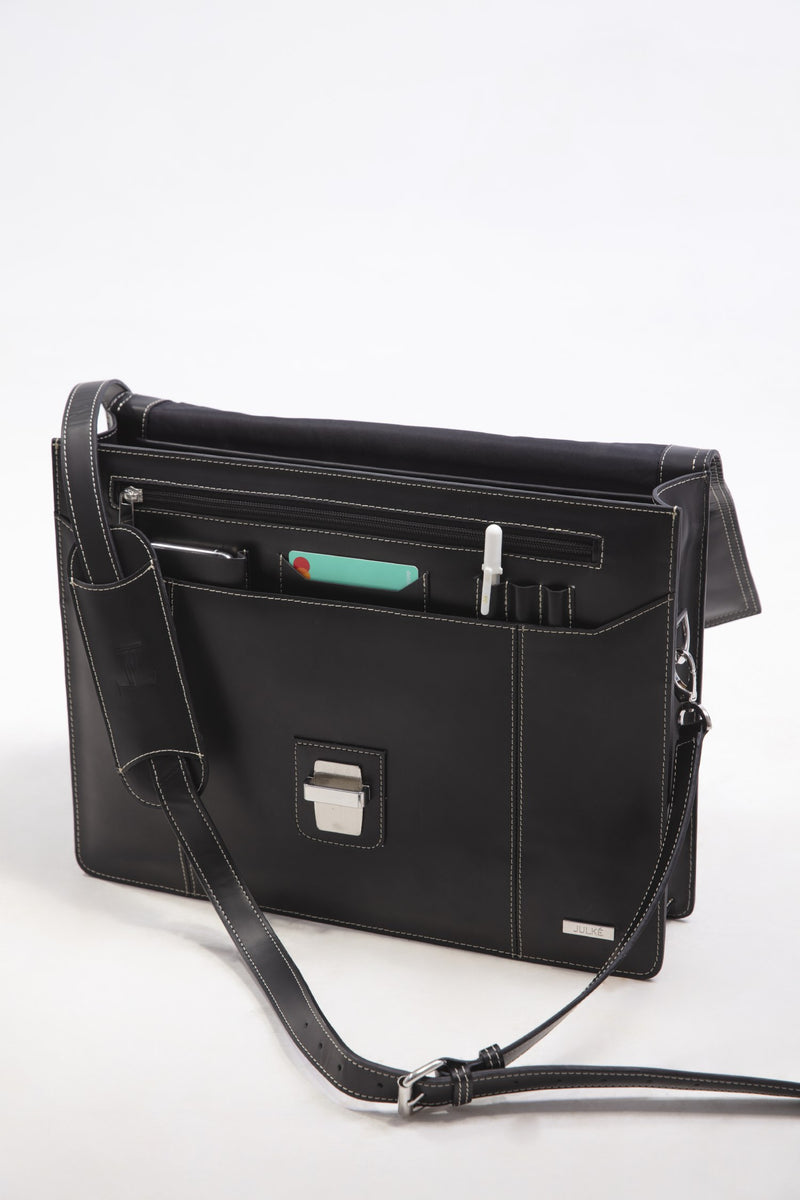 Leather laptop messenger bag in black colour by JULKE
