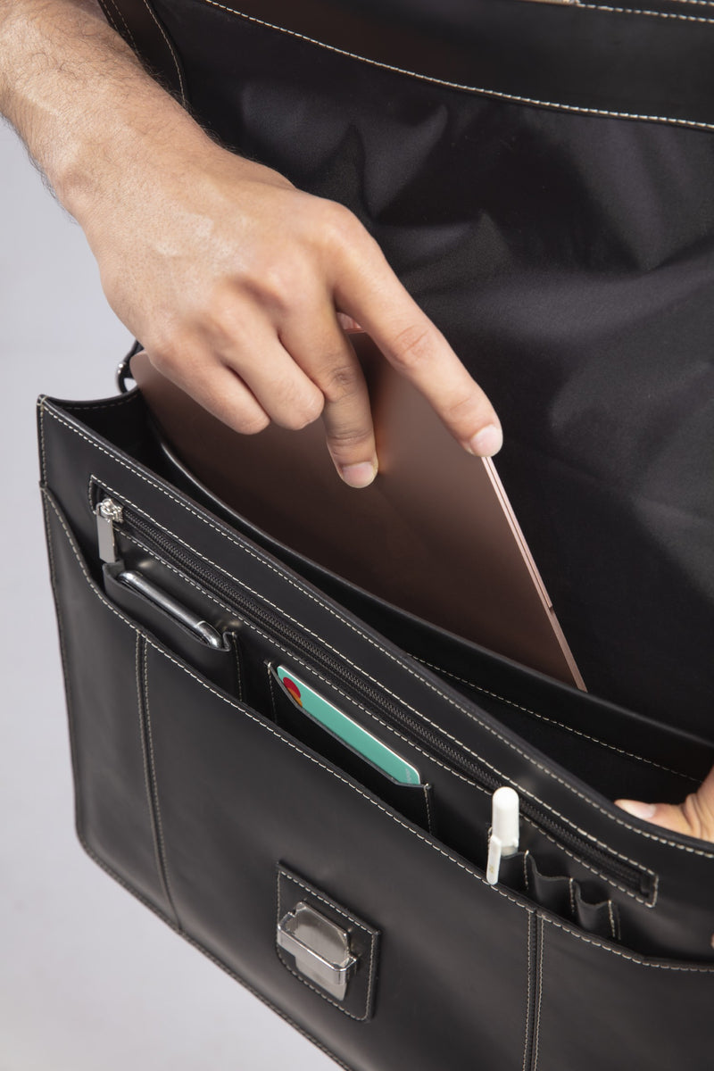 Leather laptop messenger bag in black colour by JULKE