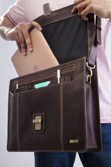 Leather laptop messenger bag in dark brown colour by JULKE