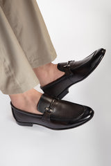 Mens leather round toe slip on shoes in dark brown two tone colour with leather and rubber sole and metal T-bar buckle by JULKE