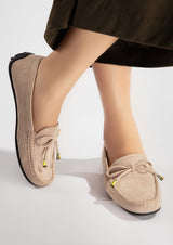 Womens leather moccasins in beige colour with bow and glitter by JULKE