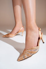 Women's rose gold slingback heels with pointed toe in satin and diamante mesh design.