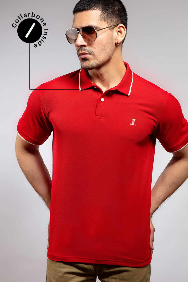 Mens summer polo shirt in red colour with matching white outline tipped collar and half sleeves by JULKE.