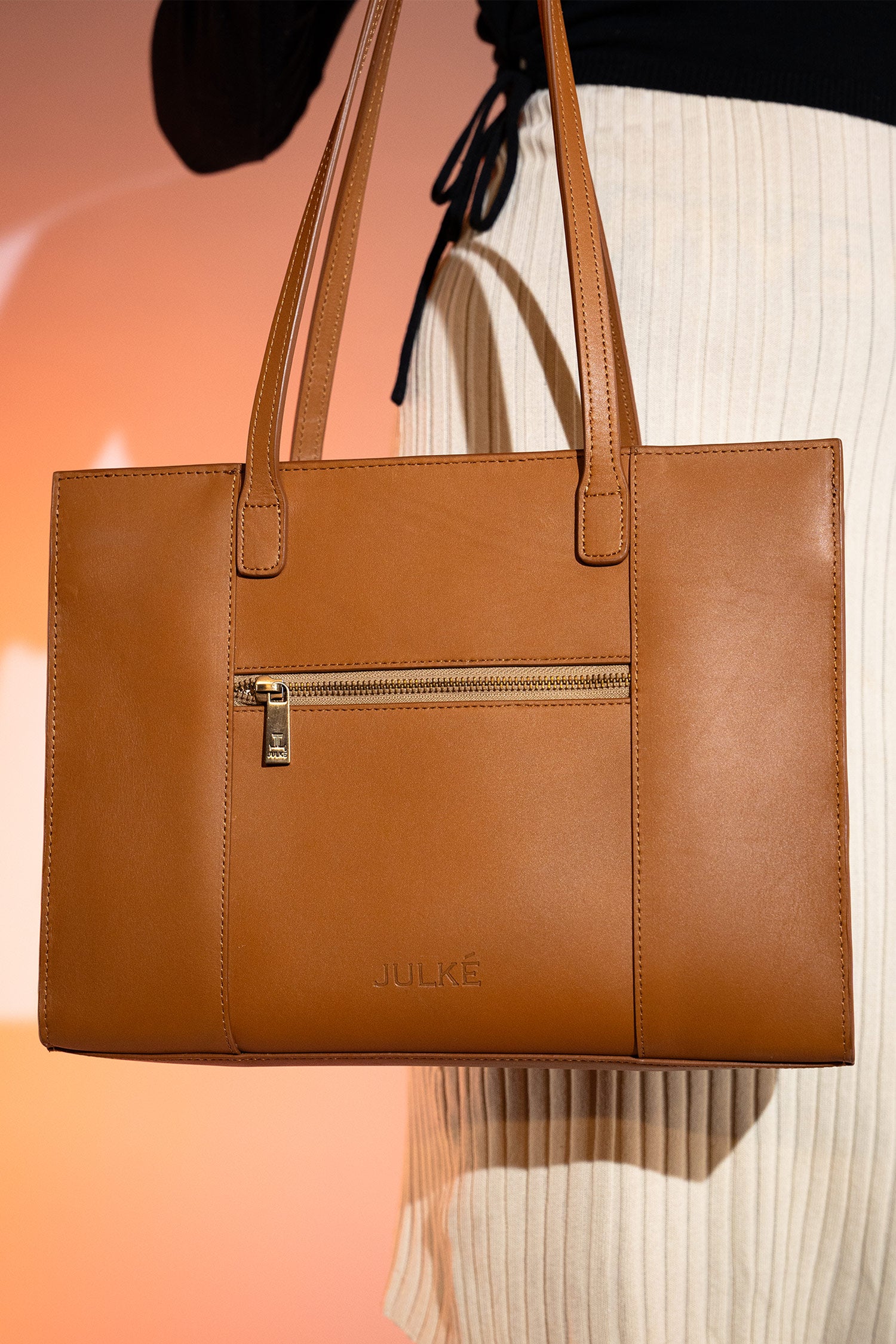 Women's leather tote bag medium size in brown colour with diamond pattern fabric strip and detachable shoulder strap by JULKE. 