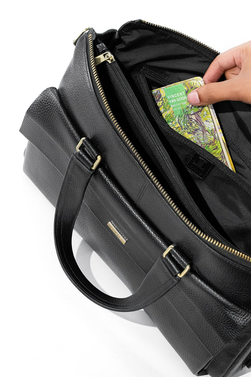 Mens soft leather laptop bag in black colour with extra pockets handles and detachable shoulder strap by JULKE