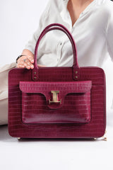 Womens leather laptop bag in maroon colour with croc texture by JULKE