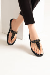 Women summer flat shoes in thong style in black colour with black rhinestones by JULKE