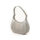 Women's genuine leather shoulder bag in grey with quilted front, gold-tone accents, and adjustable strap by JULKÉ.