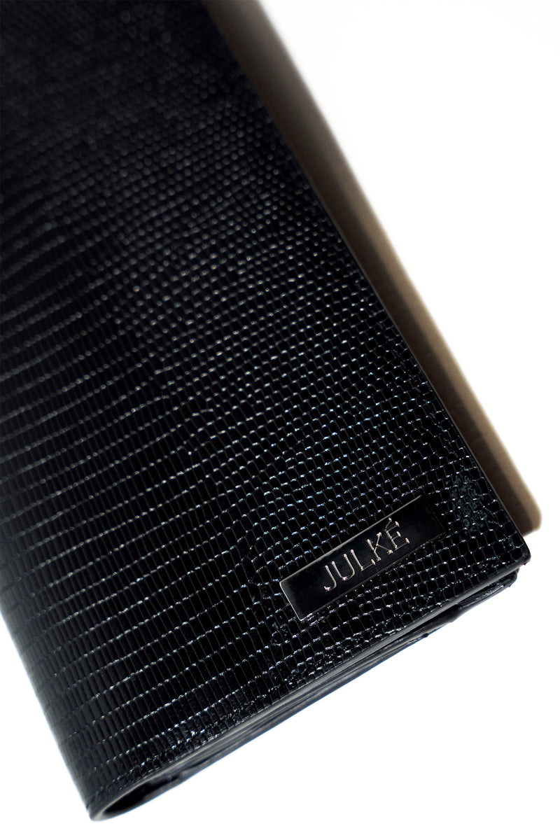Mens leather long wallet in black colour with reptile texture by JULKE