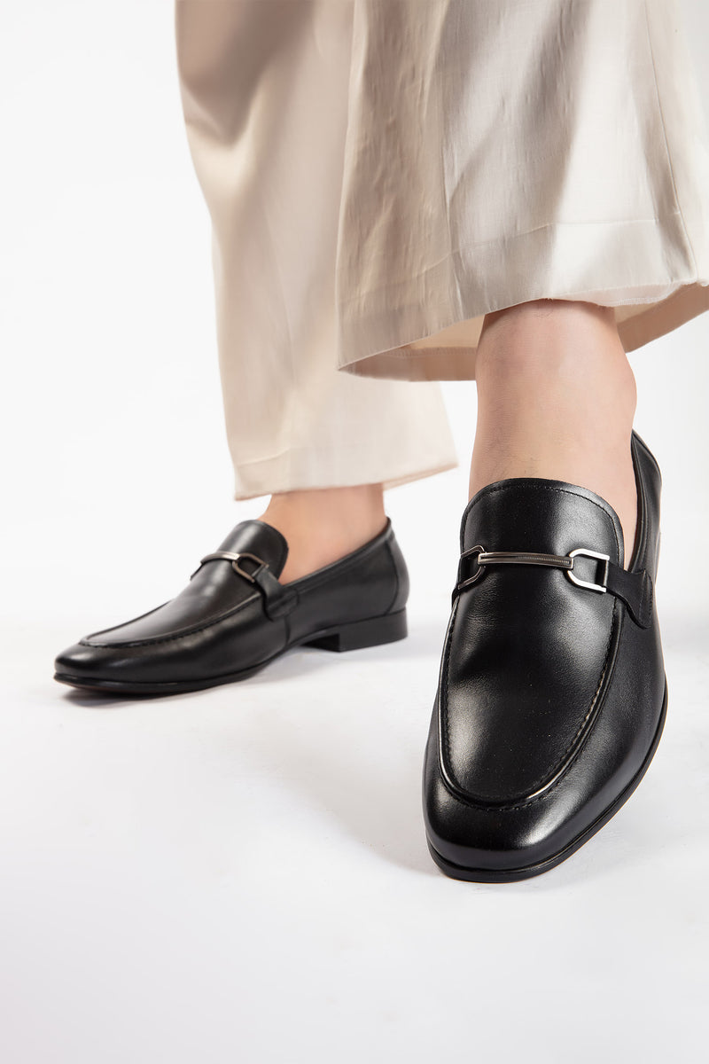 Mens leather slip on shoes in black colour with metal double bar buckle by JULKE