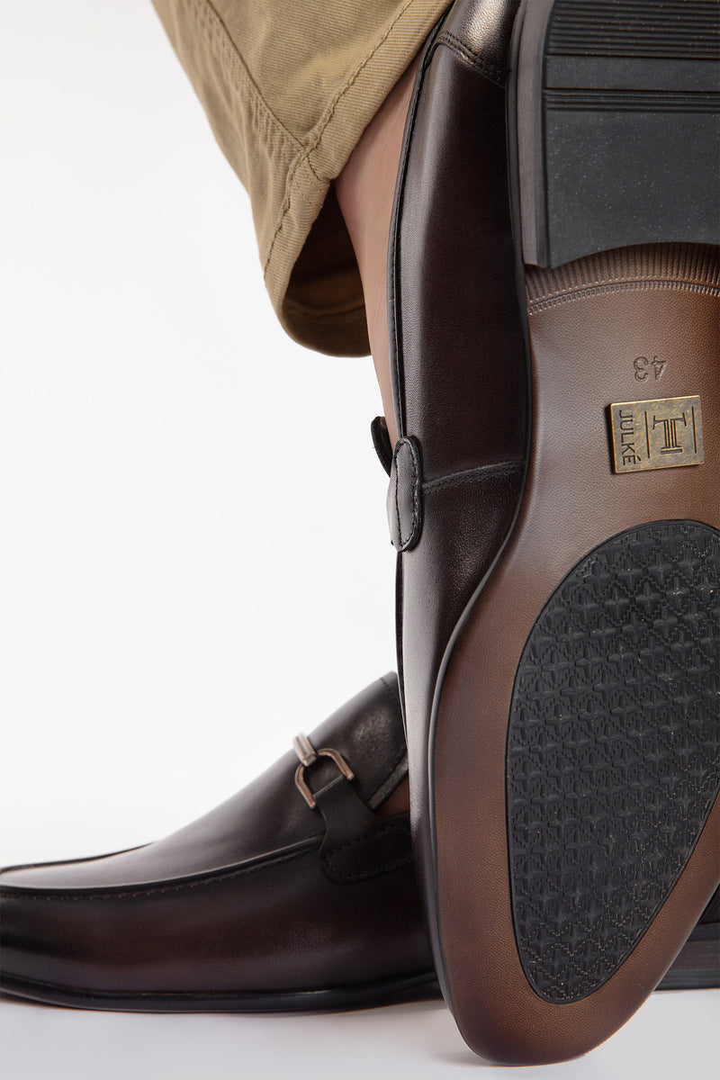 Mens leather slip on shoes with two tone effect in dark brown colour and metal double bar buckle by JULKE