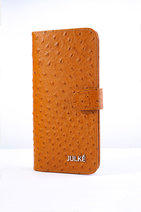 Womens original leather long wallet with ostrich texture in yellow orange colour by JULKE