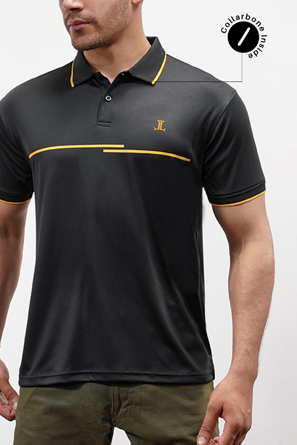 Mens athletic polo shirt in black with yellow screen print and contrast collar and sleeves by JULKE