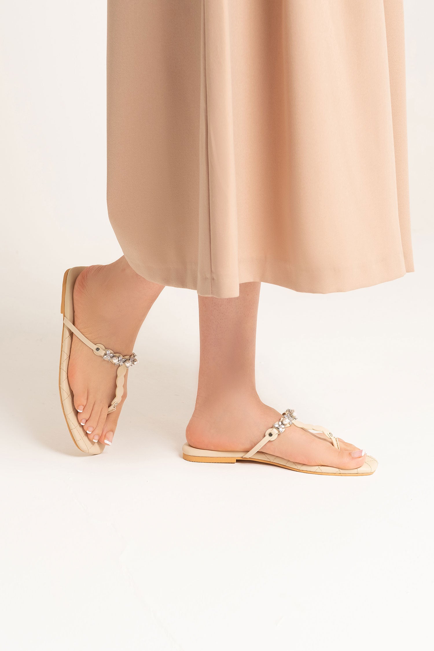 Womens summer flats in beige colour in thong style with diamante and pearl strap by JULKE