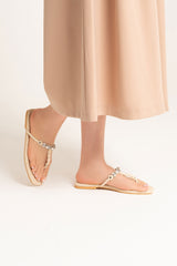 Womens summer flats in beige colour in thong style with diamante and pearl strap by JULKE
