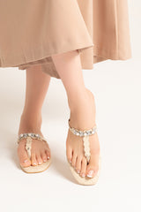 Womens summer flats in beige colour in thong style with diamante and pearl strap by JULKE