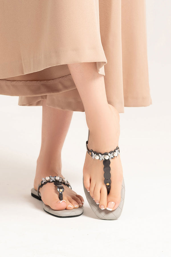 Womens summer flats in dark grey colour in thong style with diamante and pearl strap by JULKE