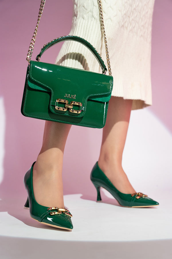 Matching heels for women's leather top handle shoulder bag in green coloured patent and suede with golden chain and buckle brooch by JULKE