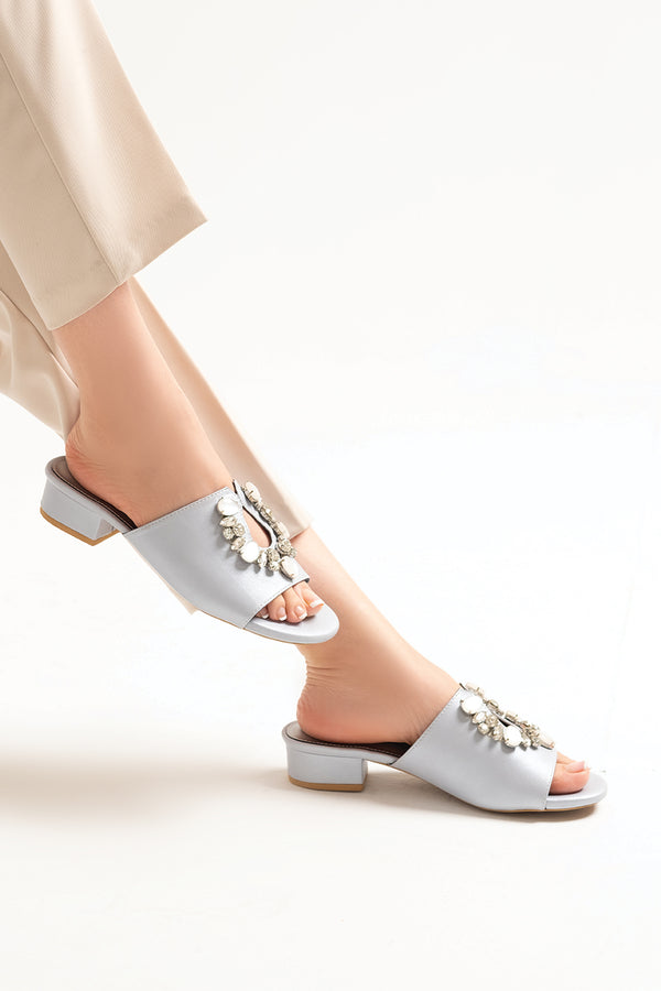 Womens leather block heels in light blue colour with keyhole design and diamante & gem buckle by JULKE