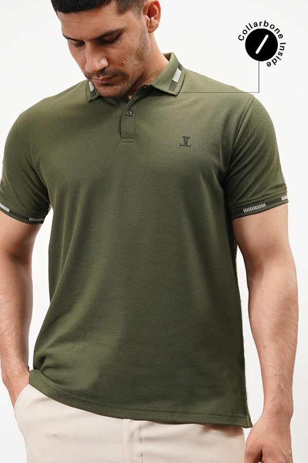 Mens summer polo shirt in olive green colour with ribbed collar and sleeves and contrast tipping by JULKE