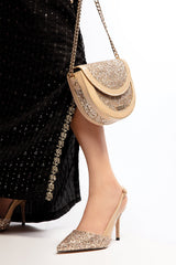 Womens leather round shoulder bag in beige colour with glitter, glossy patent and gold chain  and matching heels by JULKE 