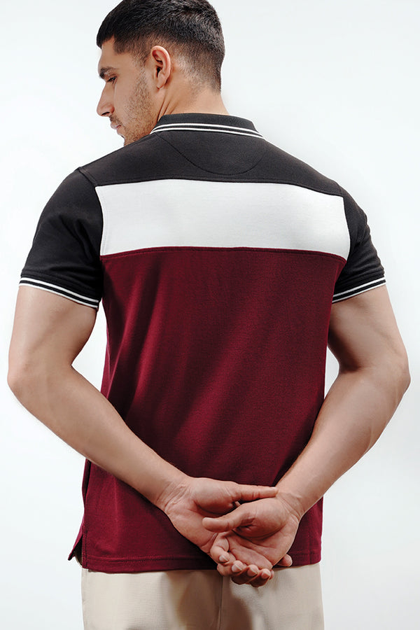 Mens summer polo shirt in burgundy with black and white colour block by JULKE