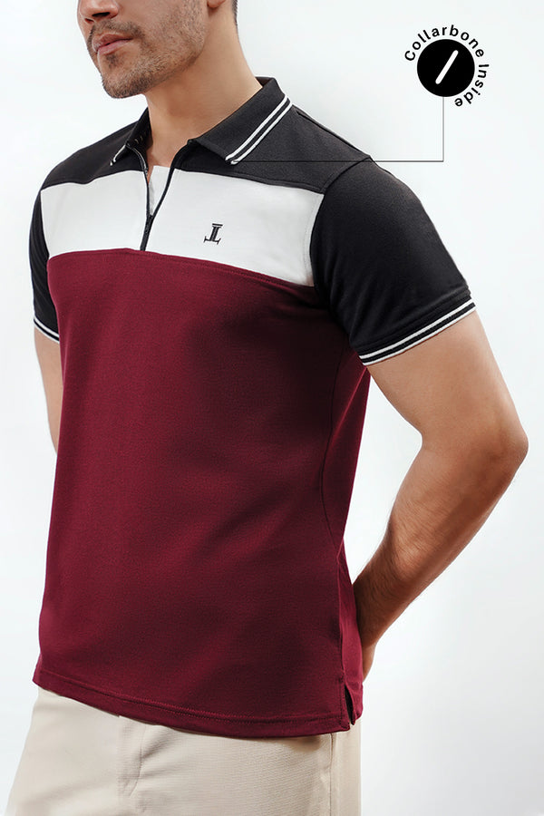 Mens summer polo shirt in burgundy with black and white colour block by JULKE